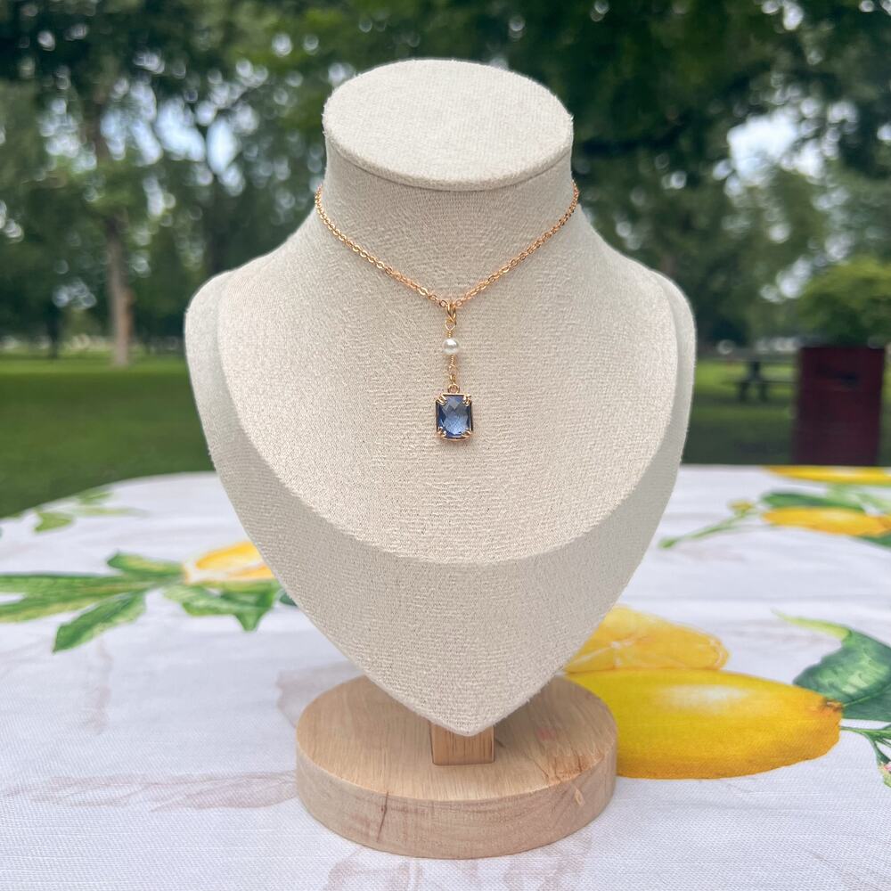 Water Blue Crystal Glass Rectangle Crown Pearl Casual Cute Aquamarine Necklace